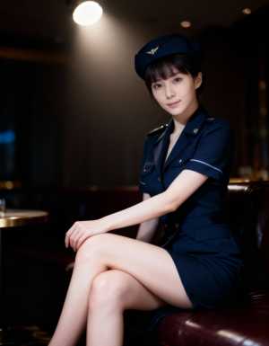薄暗い部屋で革張りのソファに座る客室乗務員の制服を着た若い女性を横から撮影した写実的な写真。