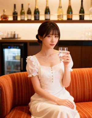 パフスリーブの白いドレスを着て、水の入ったグラスを持ってソファに座っている若い女性を...。