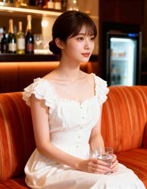 レストランのソファに座って水の入ったグラスを持っている若い女性を横から撮った写実的な写真。