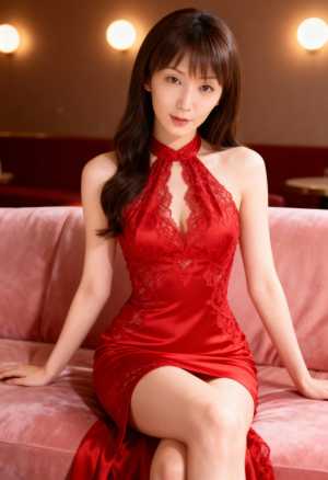 赤いチャイナドレスを着た若い女性が柔らかい光に照らされてピンクのソファに座っている様...。