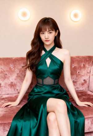 ホルターネックと高いスリットのある緑色のドレスを着て、ピンクのベルベットのソファに座...。