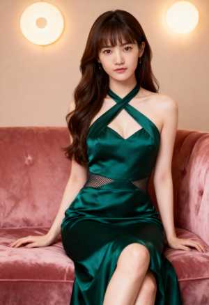 豪華な雰囲気の中でピンクのベルベットのソファに座っている若い女性を正面から写実的に撮...。