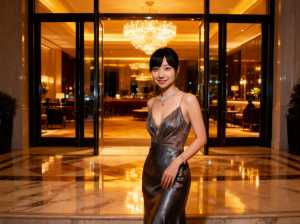 大きく開いたネックラインと細いストラップが付いた、きらめくシルバーのドレスを着て、夜...。