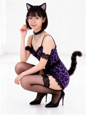 猫の格好をした若い女性がふざけてポーズをとる、正面カメラのアングルからの写実的な撮影。