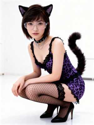 猫のキャラクターに扮した若い女性が、紫色のヒョウ柄のドレスと黒の網タイツを着て、画像...。