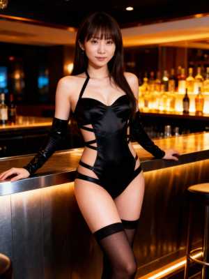 露出の高い黒い服を着て、バーカウンターで自信を持ってポーズをとる若い女性を横から撮っ...。