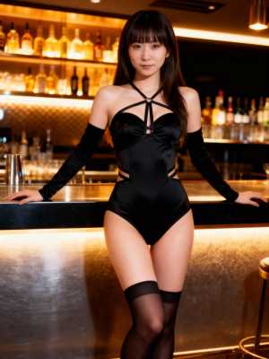 黒いレオタードを着た若い女性がバーカウンターで自信を持ってポーズをとり、後ろに酒瓶の...。