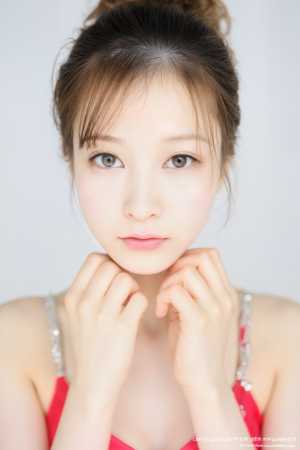 顔の前で手を組んでポーズをとる、中性的な表情の若い女性をクローズアップ カメラ アン...。