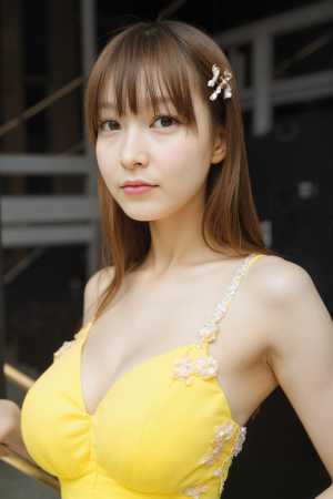 白い花柄の装飾が施された黄色のドレスを着た、長い茶色の髪を持つ若いアジア人女性の写実...。