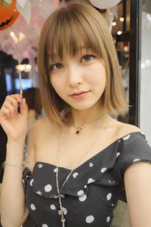 ボブのヘアカットをした若い女性が、中立的な表情でカメラを直接見つめている、写実的なポ...。