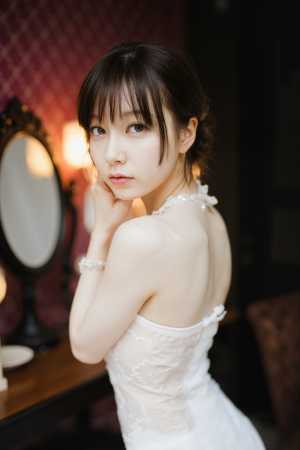 白いウェディング ドレスを着て鏡の前でポーズをとる若い女性を横顔カメラのアングルから...。