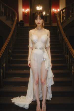 大階段に立つ白いウェディング ドレスを着た女性を正面カメラ アングルから写実的に撮影...。