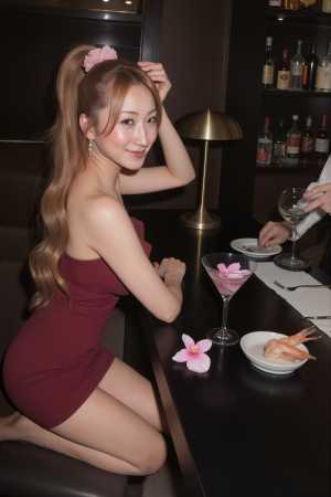 タイトな赤いドレスを着て、髪にピンクの花を飾り、バーに座っている若い女性を横から撮っ...。