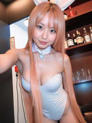 桃色の長くてまっすぐな髪にウサギの耳と露出度の高い白いボディスーツを着た若い女性を自...。