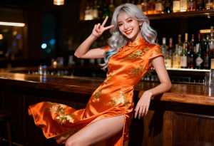 薄暗いバーで、オレンジ色のチャイナドレスを着た女性がピースサインでポーズをとる、横か...。