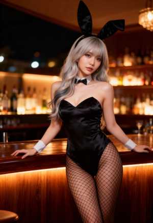 薄暗いバーのバーカウンターで、バニーの衣装を着た若い女性が自信満々にポーズをとってい...。