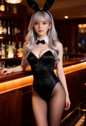 バニーの衣装を着てバーでポーズをとる若い女性を横から撮ったフォトリアルな写真。