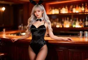 薄暗いバーのバーカウンターでポーズをとる、バニーの衣装を着た若い女性を横から撮ったフ...。