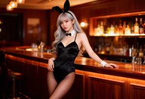 バニーの衣装を着てバーでポーズをとる若い女性を横から撮ったフォトリアルな写真。