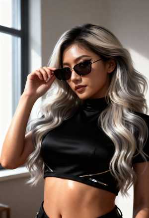 ジッパー付きの黒いクロップトップを着た、長くウェーブのかかった銀髪の若い女性をポート...。