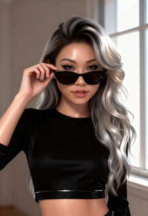 黒いクロップトップを着て黒いサングラスをかけた、ウェーブのかかった銀髪の若い女性をポ...。