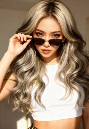 サングラスとトリミングされた白いトップを着た、ウェーブのかかった銀髪の若い女性をポー...。