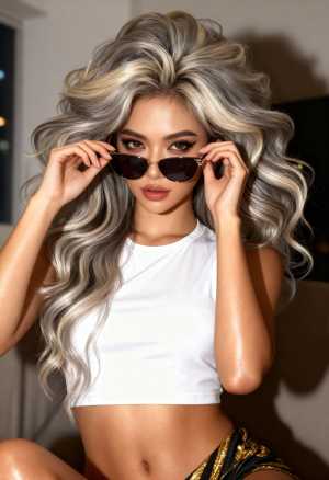 白いクロップトップと黒と金の模様のスカートを着て、リラックスしたポーズで座っている、...。