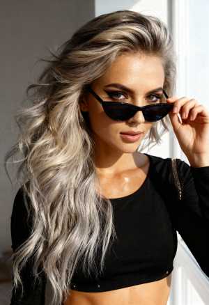 黒いサングラスと黒いクロップトップを着た、ウェーブのかかった長い銀髪の若い女性をポー...。