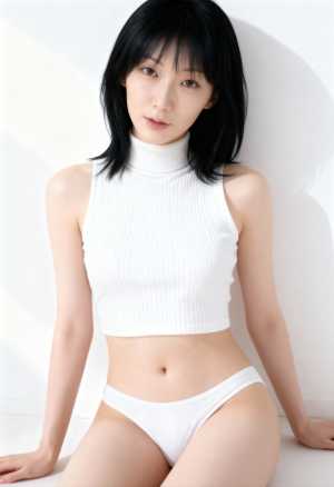 白いリブ編みのクロップトップとそれに合ったパンティーを着て、無地の白い壁にリラックス...。