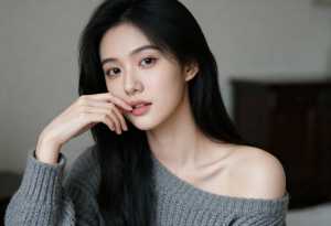 長くストレートな黒髪の若い女性が、グレーのオフショルダーセーターを着て、手にあごを乗...。