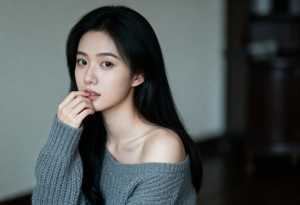 長い黒髪の若い女性の写実的なポートレート。