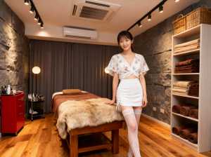 スパのような環境に立ち、カメラに向かって微笑む若い女性を正面から写実的に撮影したもの。