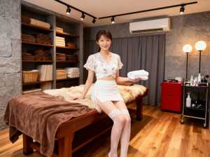 スパのような環境でマッサージ テーブルに座り、タオルの束を持っている若い女性を正面か...。