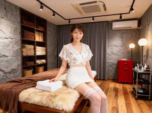 スパのような環境でマッサージ テーブルに座っている若い女性を正面カメラ アングルから...。