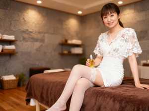 スパのマッサージ テーブルに座り、エッセンシャル オイルのボトルを持っている若い女性...。