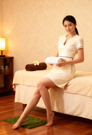 スパのような雰囲気のマッサージ テーブルにタオルの束を持って座っている若い女性を正面...。