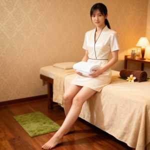 スパのマッサージ テーブルに白いタオルの束を持って座っている若い女性を正面から写実的...。