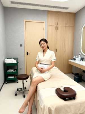 スパのような環境でマッサージ テーブルに座り、半袖と V ネックの白いドレスを着て白...。