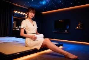 ホテルの部屋のベッドに座り、白いタオルの束を持ち、カメラに向かって微笑んでいる若い女...。