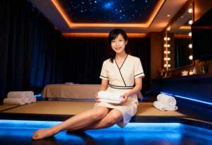 星空を背景に、白いタオルの束を持ち、スパのような環境でマットの上に座る女性を正面カメ...。