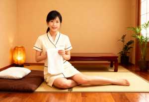 スパのような環境でマットに座り、手に白いタオルを持った写実的な日本人女性。