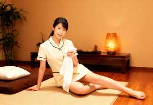 スパのマットの上に座り、カメラに向かって微笑む若い女性を横から撮った写実的な写真。