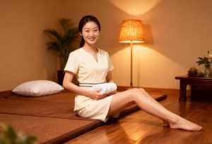 温泉室の畳に座る若い女性。