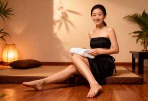 スパのマットの上に白いタオルを持って座っている若い女性を、正面カメラのアングルから写...。