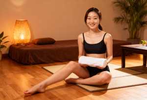 スパのような環境のマットの上に白いタオルを持って座っている若い女性を、フロント カメ...。