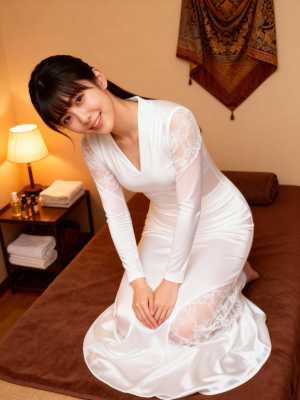 白いドレスを着た女性がスパのマッサージ テーブルに座り、カメラに向かって微笑む様子を...。