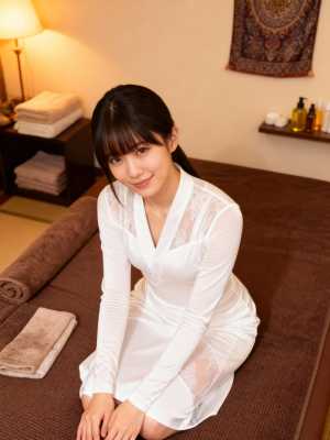 レースのディテールが施された白いローブを着て、スパの茶色のソファに座っている若い女性...。