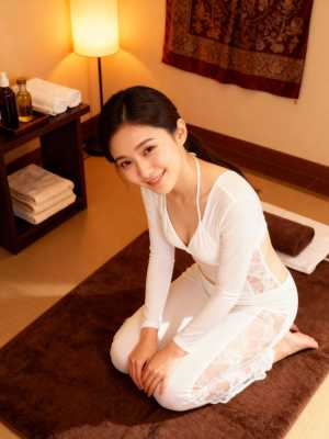 スパのような環境で茶色の敷物の上に座り、白い薄手のトップとそれに合ったパンツを着てい...。
