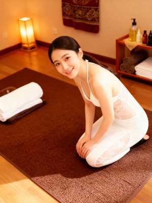 スパのような環境で茶色の敷物の上にひざまずいて、薄手の白いドレスを着ている若い女性を...。