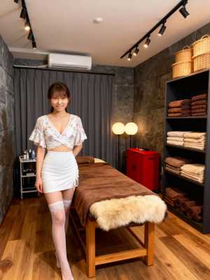 スパのような環境に立ち、カメラに向かって自信に満ちた笑顔を浮かべている若い女性を正面...。